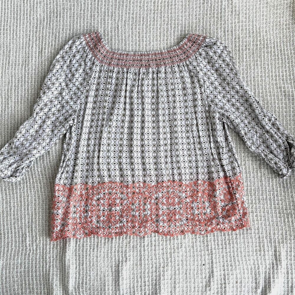 Boho Floral Peasant Blouse Orange Embroidered Trim Puff Sleeve Size‎ L Y2K